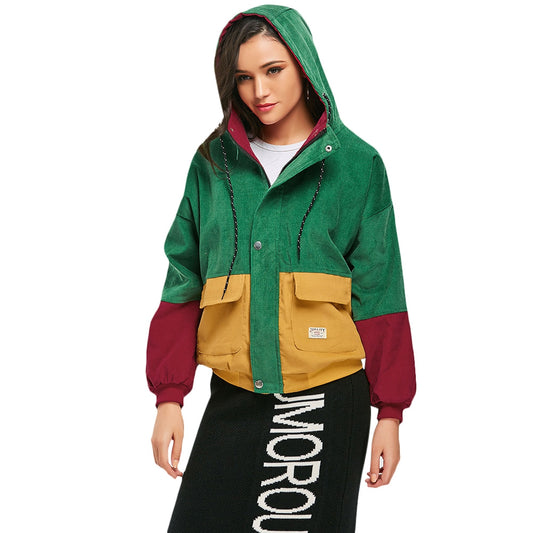 Color Blocking Hooded Corduroy Jacket