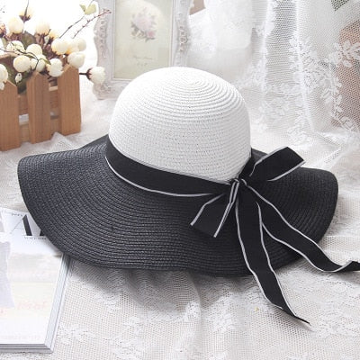 Hepburn Wind Black White Striped Bowknot Summer Sun Hat Beautiful Women Straw Beach Hat Large Brimmed Hat