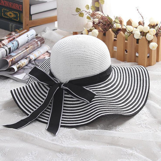 Hepburn Wind Black White Striped Bowknot Summer Sun Hat Beautiful Women Straw Beach Hat Large Brimmed Hat