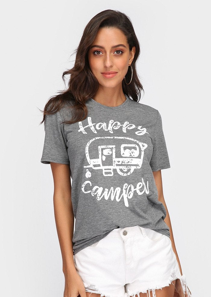 Women T Shirt Short Sleeve Happy Camping Bus Print O Neck T Shirt Female Tops Tee